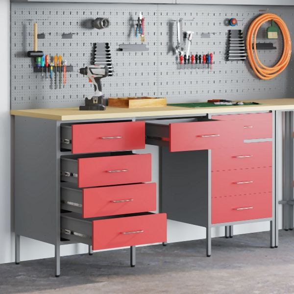vidaXL 3-teiliges Arbeitskabinen- und Tischset Rot Rigal Holz & Stahl, 3321377
