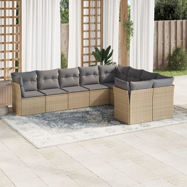 vidaXL 9-tlg. Garten-Sofagarnitur mit Kissen Beige Poly Rattan, 3218169