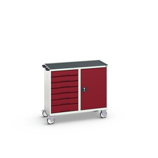 bott verso Montagewagen, mit 7 Schubladen, Tür und Abrollrand, BxTxH: 1050 x 550 x 965 mm, Lichtgrau / Purpurrot, 16927128.24
