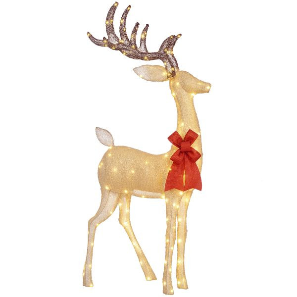 Outsunny Rentier mit roter Schleife, 137 LEDs, Weihnachtsbeleuchtung, wetterfest, 66 x 25 x 135 cm, Gold, 84J-007V90GD