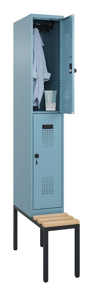 C+P Doppelstock-Spind Evolo PLUS, Bank, 2 Fächer, 2120x300x815mm, 0010/0010, Drehriegel, Sitzfläche Buche-Hartholz, Sitzbank, 0493507-10 S10021
