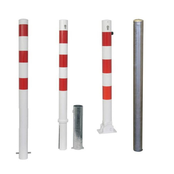 Stein HGS Absperrpfosten -Bollard- Ø 76 mm, mit Profilzylinderschloss, gleichschließend, Schließung oben, weiß mit 3 rot reflektierenden Streifen, 3 Ösen (90°), 476z-470.57b-3