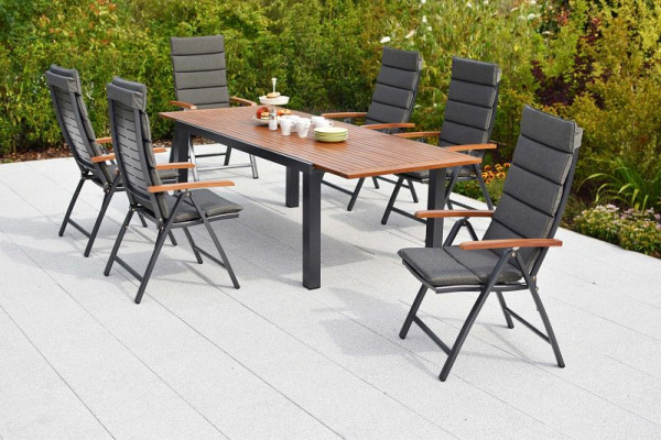 Merxx Tinos Set 13-teilig, 6 Tinos Klappsessel, Holzoptik, 6 Auflagekissen, grau, mit Befestigungsbändchen, 1 Ausziehtisch 180 (250) x 100 cm, 50402-800