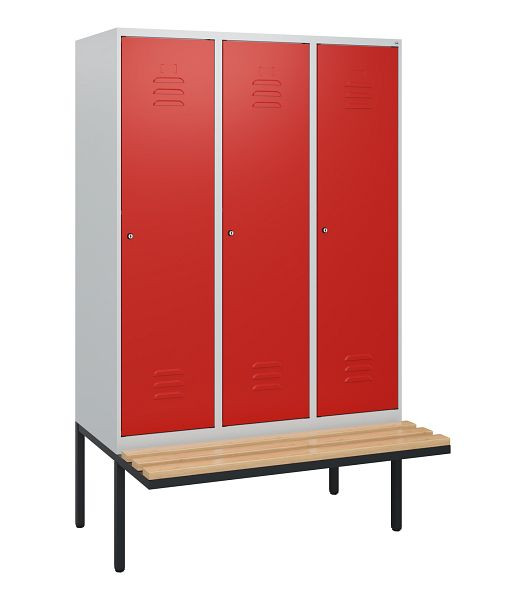 C+P Umkleidespind Classic PLUS, 3 Abteile, 1950x1200x815mm, 7035/3020, Zylinderschlösser, Buche-Sitzleisten, 0800405-32 S10017