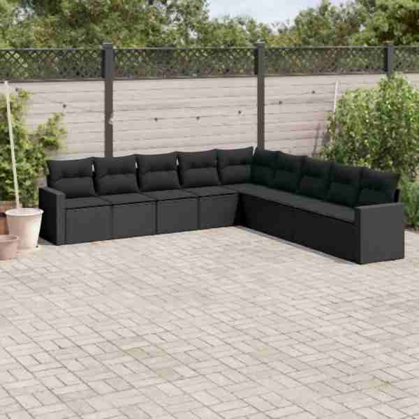 vidaXL 9-tlg. Garten-Sofagarnitur mit Kissen Schwarz Poly Rattan, UV-beständig, 3251422