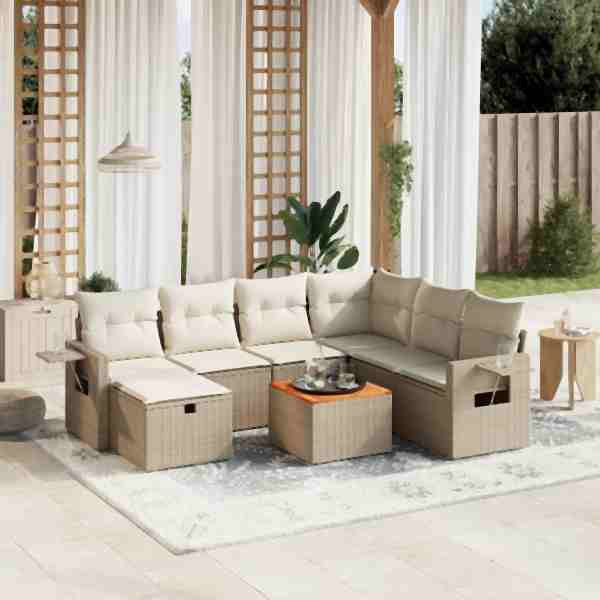 vidaXL 8-tlg. Garten-Sofagarnitur mit Kissen Beige Poly Rattan, UV-beständig, 3264964