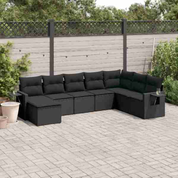 vidaXL 8-tlg. Garten-Sofagarnitur mit Kissen Schwarz Poly Rattan, UV-beständig, 3220554