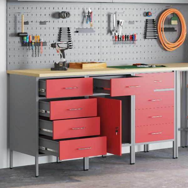 vidaXL 3-teiliges Werkbank-Schrank-Set in Rot und Grau aus Holzwerkstoff und Stahl, 3321373