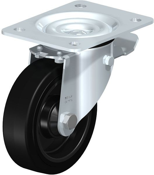 Blickle LK-POEV 125KD-3-ST Stahlblech-Lenkrolle, schwere Ausführung, mit Anschraubplatte & Feststeller, Elastik-Vollgummi, Schwarz, 851160