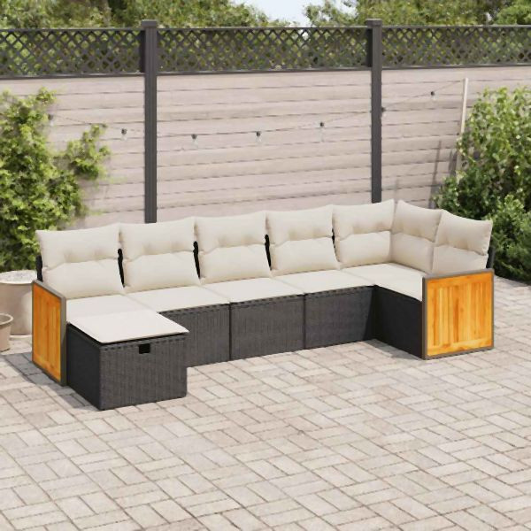vidaXL 7-tlg. Garten-Sofagarnitur mit Kissen Schwarz Poly Rattan, 3326039