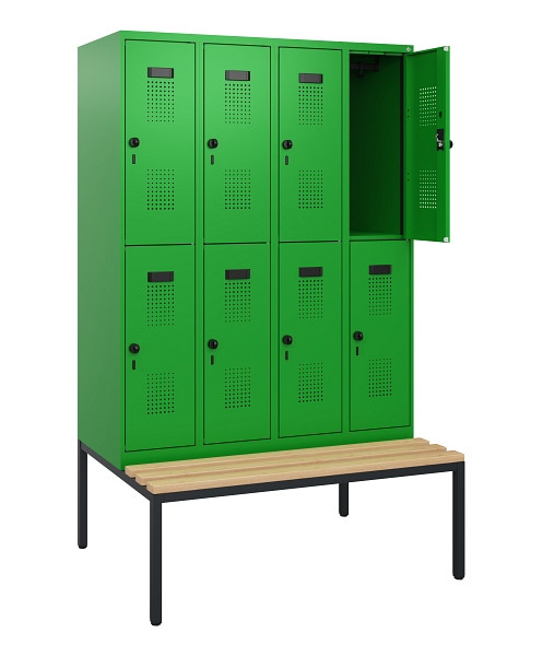 C+P Doppelstöckiger Spind Evolo PLUS, Bank, 8 Fächer, 1950x1200x815mm, 6037/6037, Drehriegel, Sitzfläche Buche-Hartholz, Sitzbank, 0493505-40 S10036