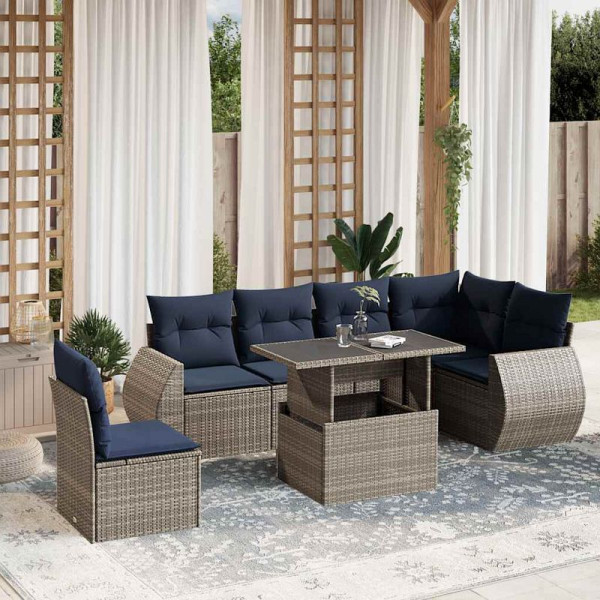 vidaXL 7-teiliges Gartensofa-Set mit Kissen, grau, Polyrattan, 3268571