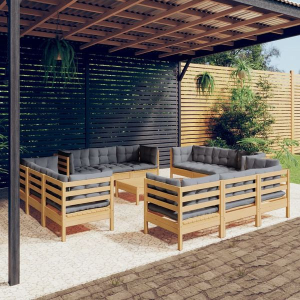 vidaXL 13-teilig Garten-Lounge-Set mit Grauen Kissen Kiefernholz, 3096069