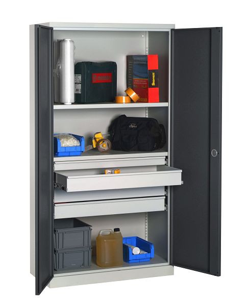 SOFAME ausgestatteter Werkstattschrank 1000x500x1950mm, 1 Teleskopschublade + 3 Teleskopschubladen + 2 Fachböden, Lichtgrau, W030090025GCGC