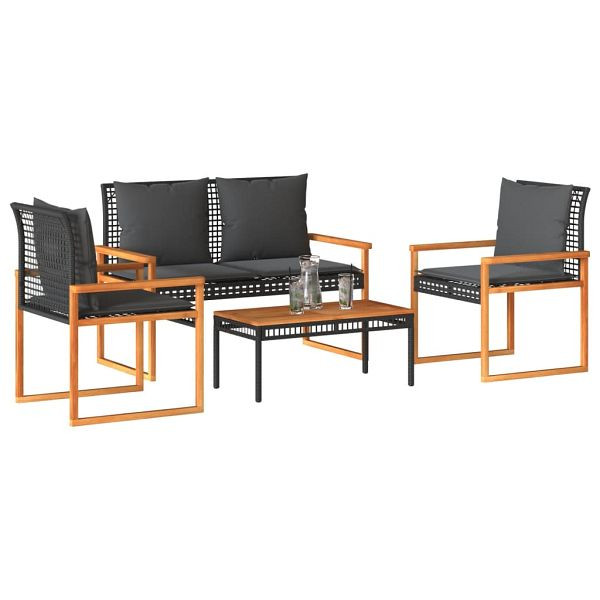 vidaXL 4-tlg. Garten-Lounge-Set mit Kissen Schwarz Poly Rattan, 365858