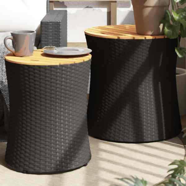 vidaXL Garten-Beistelltische 2 Stück mit Holzplatte Schwarz Poly Rattan, 366288
