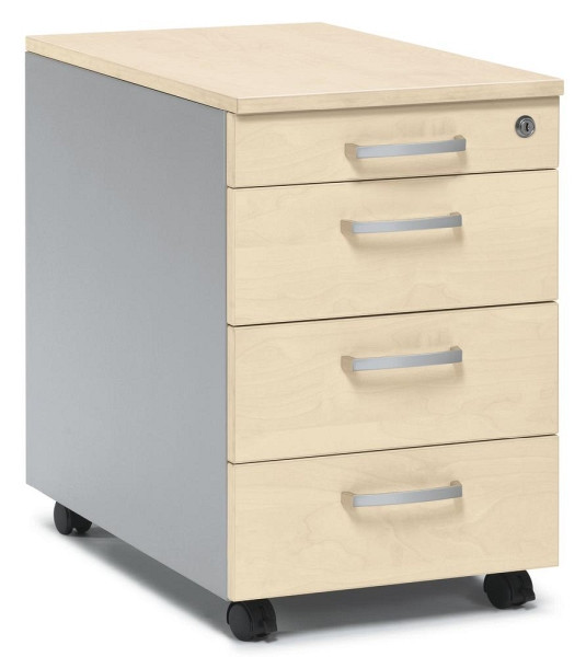 Deskin Rollcontainer CONCEPT LINE, Ahorndekor, Korpus Alusilber, B 396 x H 595 x T 590 mm, 1 Materialschub Kunststoff, 3 Schübe Metall, Schloss, 270256