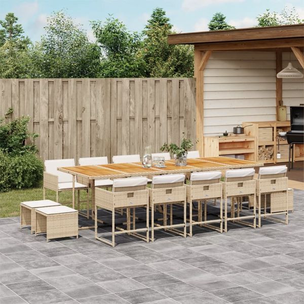 vidaXL 15-tlg. Garten-Essgruppe mit Kissen Beige Poly Rattan, 3211360
