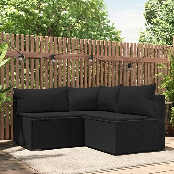 vidaXL 3-teilig Garten-Lounge-Set mit Kissen Schwarz Poly Rattan, 319780
