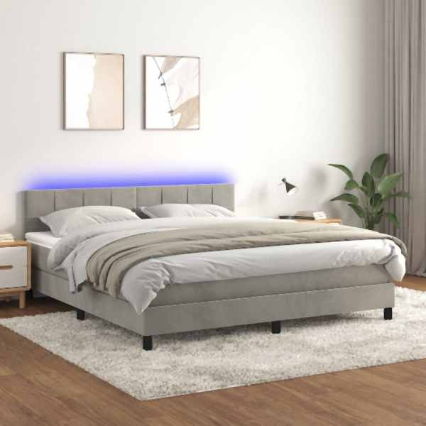 vidaXL Boxspringbett mit Matratze & LED Hellgrau 180x200 cm Samt, 3134417