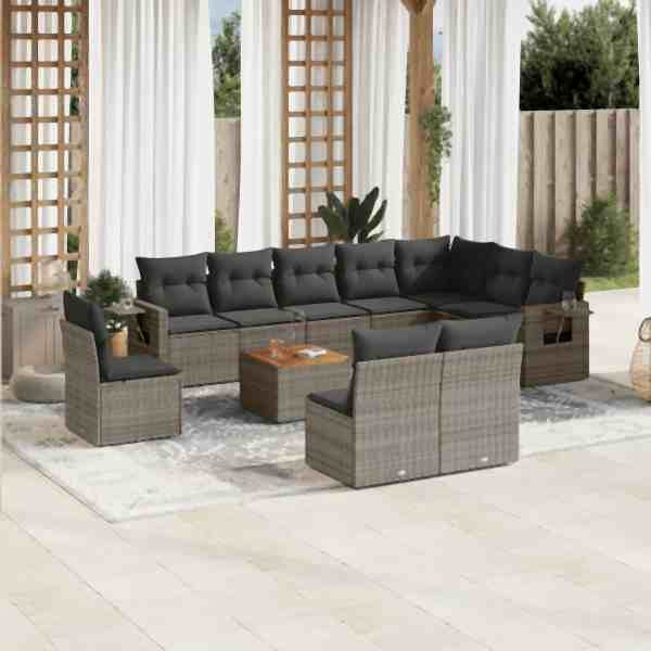 vidaXL 11-tlg. Garten-Sofagarnitur mit Kissen Grau Poly Rattan, UV-beständig, 3256949