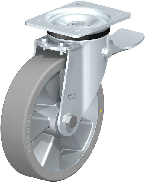 Blickle LK-ALTH 200K-ST-AS Stahlblech-Lenkrolle, schwere Ausführung, mit Anschraubplatte & Feststeller, Blickle Extrathane®, Grau, 852497