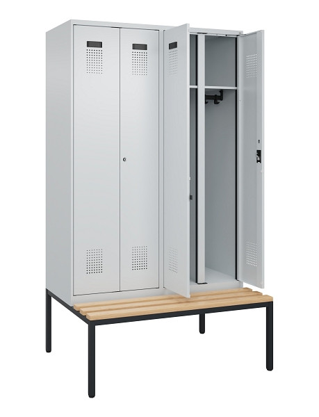 C+P Schwarz-Weiß-Spind Evolo PLUS, Bank, 4 Abteile, 2120x1200x815mm, 7035/7035, Zylinderschloss, Sitzfläche Buche-Hartholz, Sitzbank, 0490527-40 S10040