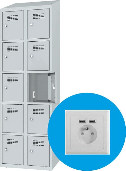 Eurobox Garderobenspind, 2 Abteile 10 Fächer, mit Steckdose, 400 mm, 1200-040205