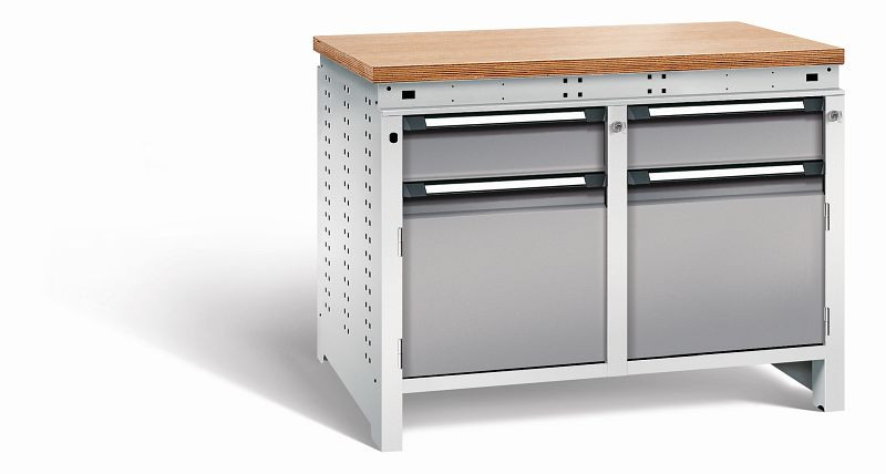 Otto Kind Werkbank Serie function Typ 214, Multiplexplatte 40 mm, bündig, 2x Unterbau + Zentralverschluss, Gehäuse RAL 7035, Front RAL 7037, 072344167
