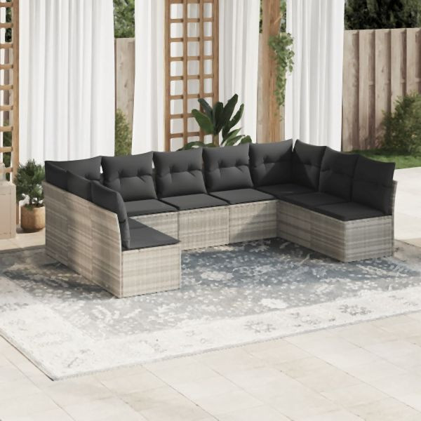 vidaXL 9-tlg. Garten-Sofagarnitur mit Kissen Hellgrau Poly Rattan, 3249911