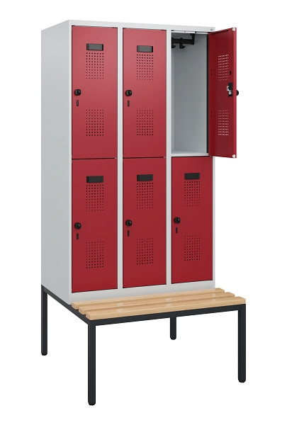 C+P Doppelstöckiger Spind Evolo PLUS, Bank, 6 Fächer, 1950x900x815mm, 7035/3003, Drehriegel, Sitzfläche Buche-Hartholz, Sitzbank, 0493505-30 S10004