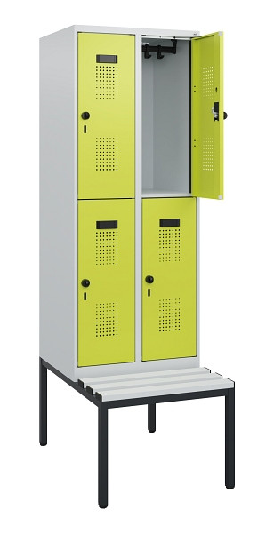 C+P Doppelstöckiger Spind Evolo PLUS, Bank, 4 Fächer, 1950x600x815mm, 7035/0024, Drehriegel, Sitzfläche Kunststoff, Sitzbank, 0493505-20 S10110