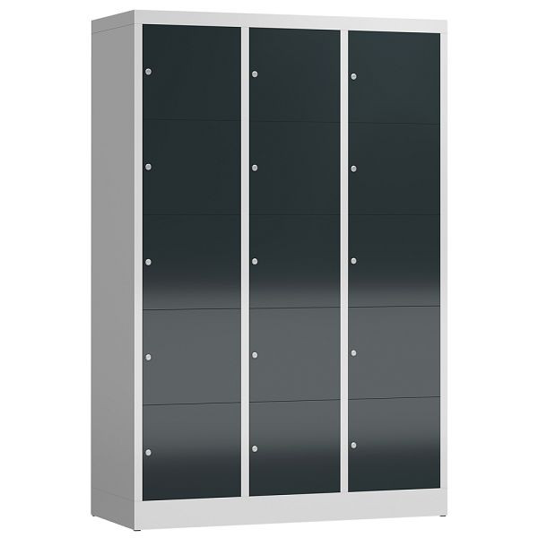 Lüllmann ClassiX Schließfachschrank, 3 Abteile à 5 Fächer, 1800 x 1185 x 500 mm, lichtgrau/anthrazitgrau, X-523538
