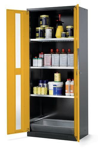 asecos Chemikalienschrank Systema CS-83G, Korpus anthrazit, gelb, 3 Einlegeböden und Bodenwanne, 202663