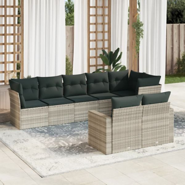 vidaXL 8-tlg. Garten-Sofagarnitur mit Kissen Hellgrau Poly Rattan, 3219212