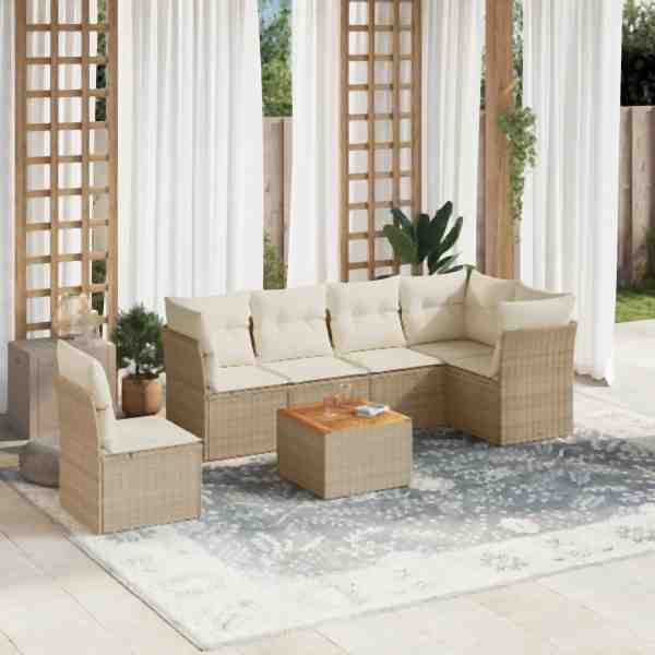 vidaXL 7-tlg. Garten-Sofagarnitur mit Kissen Beige Poly Rattan, UV-beständig, 3255995