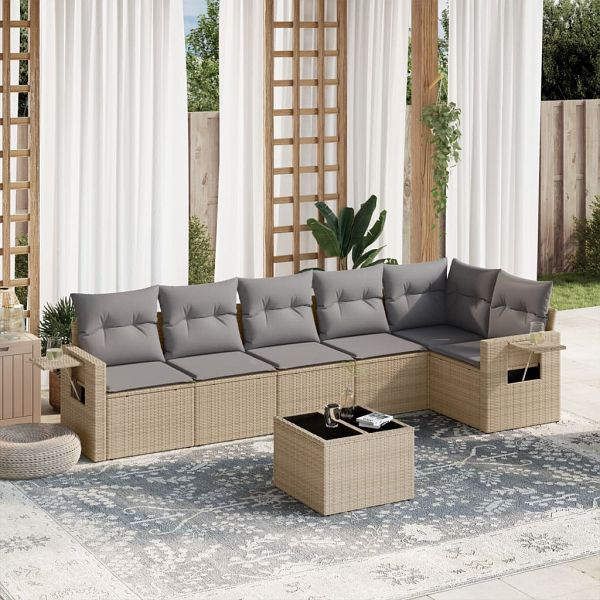 vidaXL 7-tlg. Garten-Sofagarnitur mit Kissen Beige Poly Rattan, 3252536