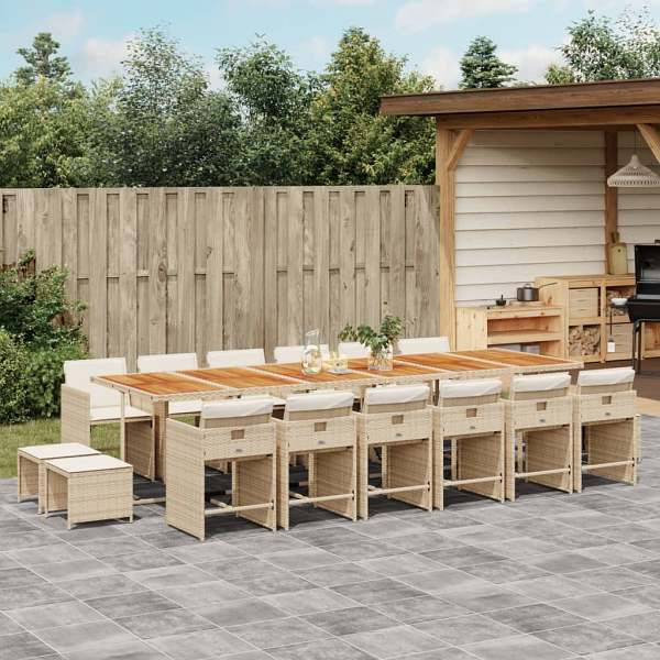 vidaXL 17-tlg. Garten-Essgruppe mit Kissen Beige Poly Rattan, UV-beständig, 3277959
