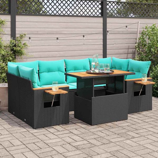 vidaXL 7-tlg. Garten-Sofagarnitur mit Kissen Schwarz Poly Rattan, 3327564