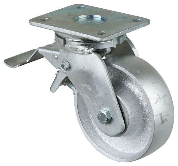 BS Rollen Schwerlastrolle mit Feststeller, Rad-Breite 45 mm, Rad-Ø 150 mm, Tragfähigkeit 600 kg, Lauffläche Guss, Radkörper Guss, Kugellager, RR120.C81.150