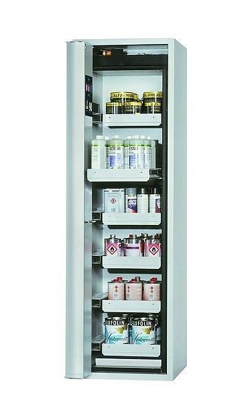 asecos Sicherheitsschrank S-PHOENIX Vol.2-90, S90.196.060.FDAC in lichtgrau RAL 7035 mit 6x Auszugswanne Standard (Stahlblech), 30235-001-30269