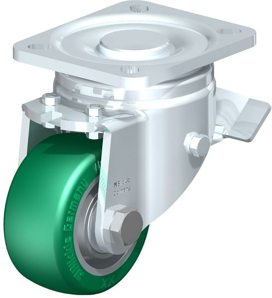 Blickle LH-ALST 82K-ST Stahlblech-Lenkrolle, Schwerlast-Ausführung, mit Anschraubplatte & Feststeller, Blickle Softhane®, Grün, 852367