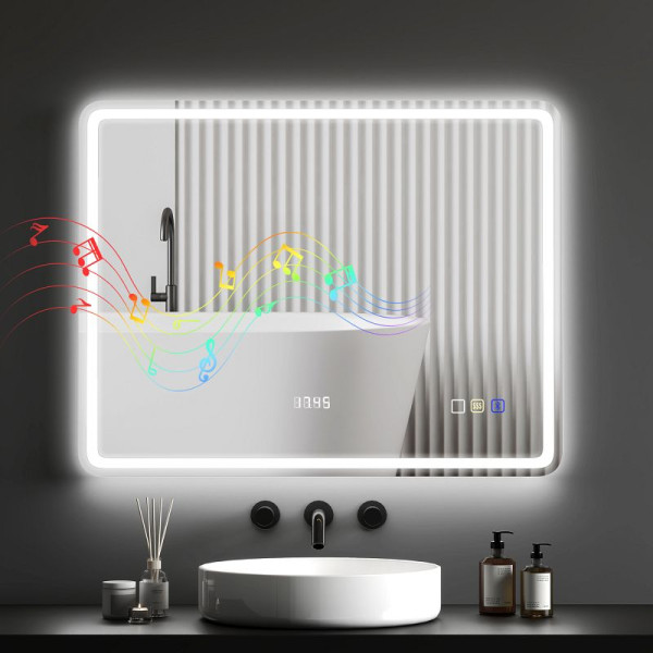 HOMCOM Badezimmerspiegel mit LED-Beleuchtung, Anti-Beschlags-Pad, 3 verstellbare Farben, Uhr, 700 x 900 mm, Silberfarben, 834-849V04SR
