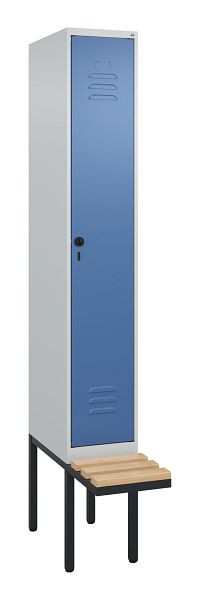 C+P Umkleidespind Classic PLUS, 2120x300x815mm, 7035/5023, Drehriegel, Buche-Sitzleisten, 3 Doppel-Haken, 0800407-10 S10005