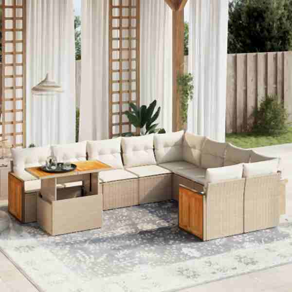 vidaXL 10-tlg. Garten-Sofagarnitur mit Kissen Beige Poly Rattan, UV-beständig, 3274124