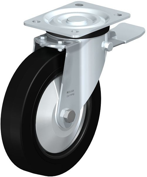 Blickle L-POEV 200K-ST-FA Stahlblech-Lenkrolle, mittelschwere Ausführung, mit Anschraubplatte & Feststeller, Elastik-Vollgummi, Schwarz, 277095
