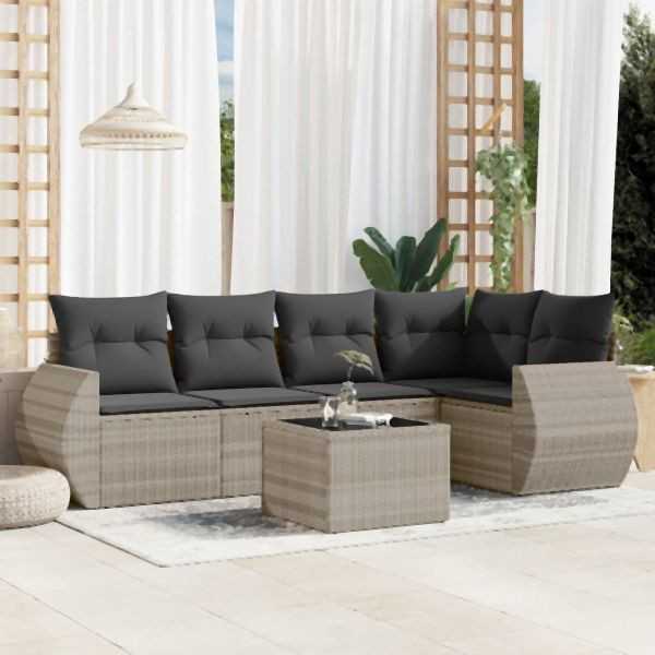 vidaXL 6-tlg. Garten-Sofagarnitur mit Kissen Hellgrau Poly Rattan, 3221341