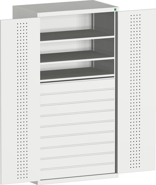 bott cubio Flügeltürschrank bestückt mit 9 Schubladen, 3 Fachböden BxTxH: 1300 x 650 x 2000 mm, RAL 7035, 40022089.16V
