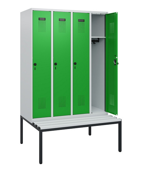 C+P Spind Evolo PLUS, 4 Abteile, 1950x1200x815mm, 7035/6037, Drehriegel, Sitzfläche Kunststoff, Sitzbank, 0490505-40 S10065