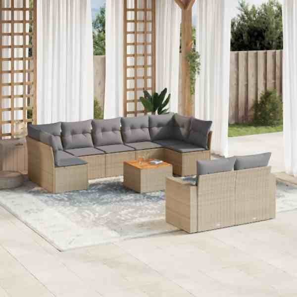 vidaXL 10-tlg. Garten-Sofagarnitur mit Kissen Beige Poly Rattan, UV-beständig, 3224274